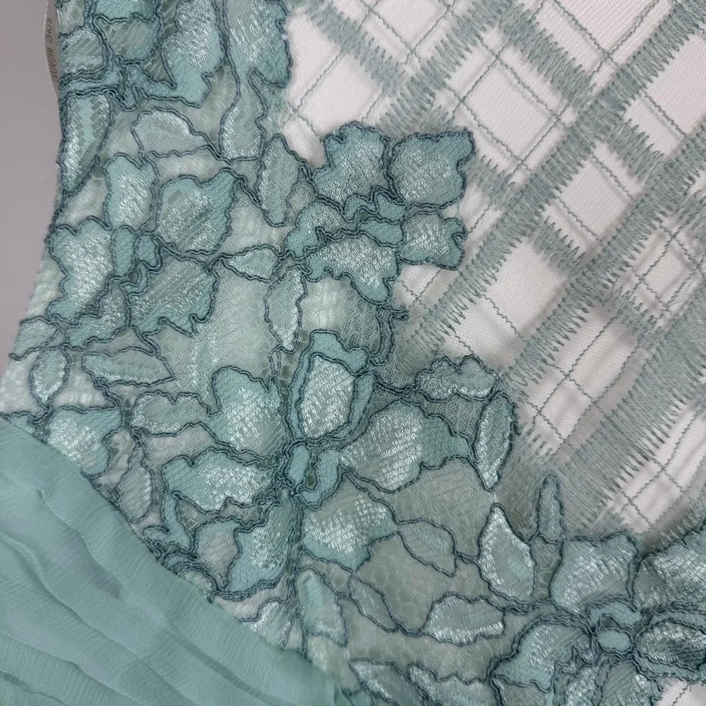 Tadashi Shoji EMBROIDERED TULLE PLEATED Lace Sheath Green Mint DRESS 18Q Easter